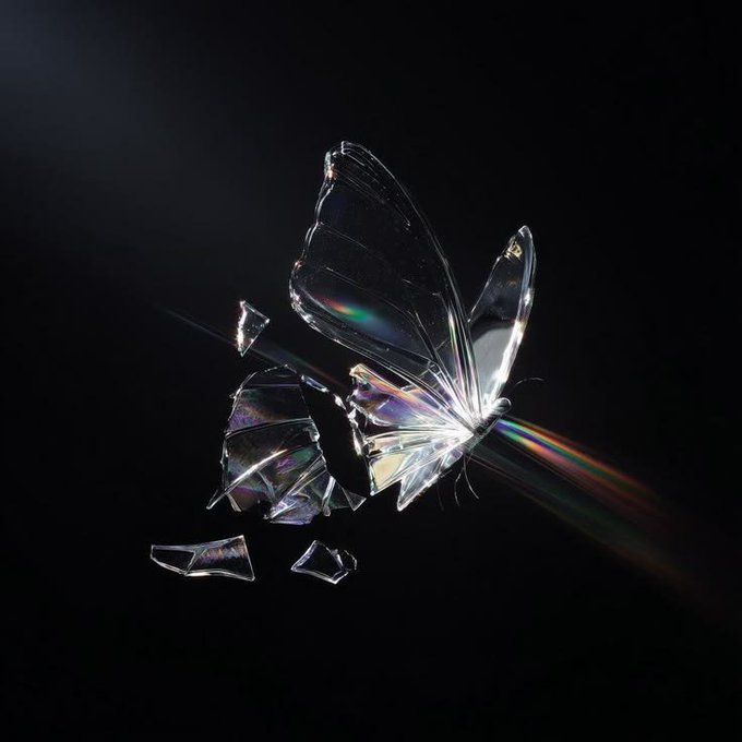 An artistic rendering of a glass butterfly with shattered wings, refracting a rainbow spectrum of light against a black background.