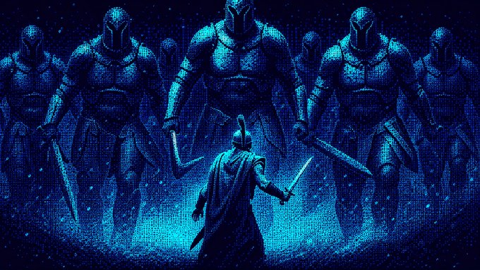 A lone warrior stands his ground against a towering army of armored giants, symbolizing a single crypto trader facing overwhelming market giants like Robinhood and Coinbase. The image evokes the underdog battle the post describes—suggesting that even as established players loom large, individual investors can still find opportunity by backing strong projects in the Base ecosystem during market "mini pumps."