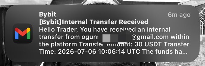 A Bybit notification showing an internal transfer received of 30 USDT on 2026-07-06 at 10:06:14 UTC.