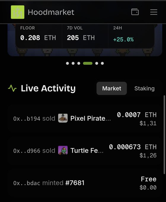 A mobile screenshot of the "Hoodmarket" interface showing NFT statistics: Floor 0.208 ETH, 7D Vol 205 ETH, 24H +25.0%, with a Live Activity feed listing sales for "Pixel Pirate" and "Turtle Fe" items.
