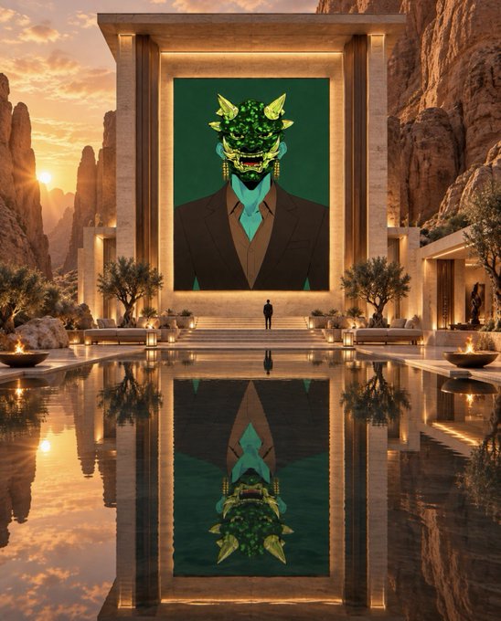 A lone figure stands before a massive emerald-jade mask portrait framed in golden architecture, its reflection mirrored in a still desert pool at sunset—evoking the quiet focus of "locked in" dedication for the NFT community starting their week.