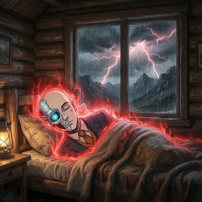 An illustration of a cyborg/robot figure with a glowing blue eye sleeping in a log cabin bed surrounded by red flames, with lightning visible through the window.