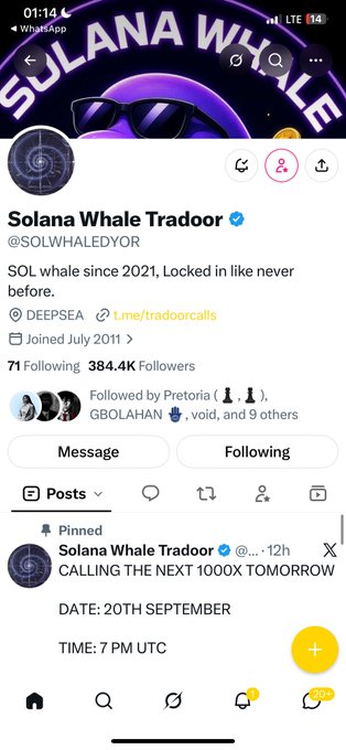 A screenshot of an X (Twitter) profile for 'Solana Whale Tradoor' (@SOLWHALEDYOR) with 384.4K followers, featuring a pinned post that reads 'CALLING THE NEXT 1000X TOMORROW DATE: 20TH SEPTEMBER TIME: 7 PM UTC'.