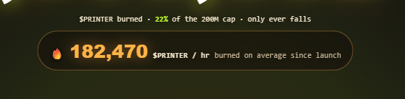 A dark dashboard displays the message "$PRINTER burned · 22% of the 200M cap · only ever falls" above a stat showing "182,470 $PRINTER / hr burned on average since launch," visually confirming the post's shocked reaction to the token's massive hourly burn rate.