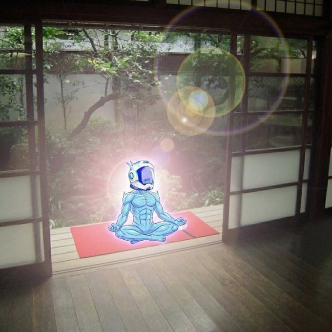 An artistic edit showing an alien in a meditation pose sitting on a red mat on the wooden porch of a traditional Japanese house, surrounded by a purple aura and lens flare.