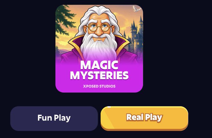 The image features the "Magic Mysteries" game logo by Xposed Studios, showcasing a wizard character, with two buttons offering "Fun Play" and "Real Play" options, aligning with the announcement of the game launching on Stake Engine at Roobet with up to 10,000x potential.