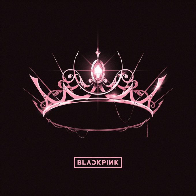 A pink, ornate crown with a central glowing gem is displayed on a black background with the text 'BLACKPINK' below it.
