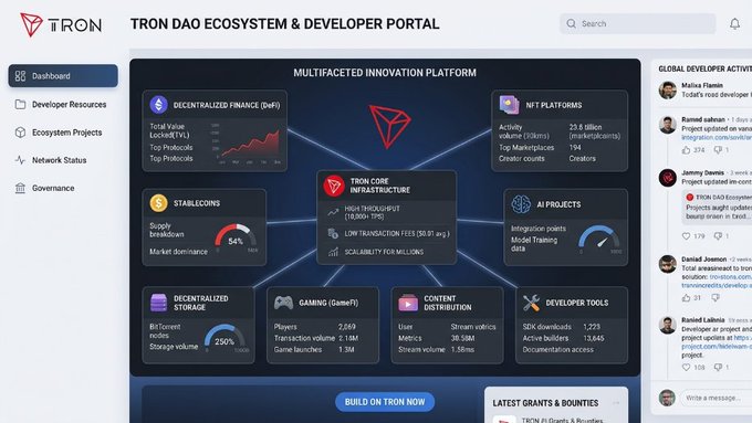 A screenshot of the TRON DAO Ecosystem & Developer Portal dashboard, showing sections for DeFi, NFT Platforms, Stablecoins, AI Projects, Decentralized Storage, Gaming, and Content Distribution.