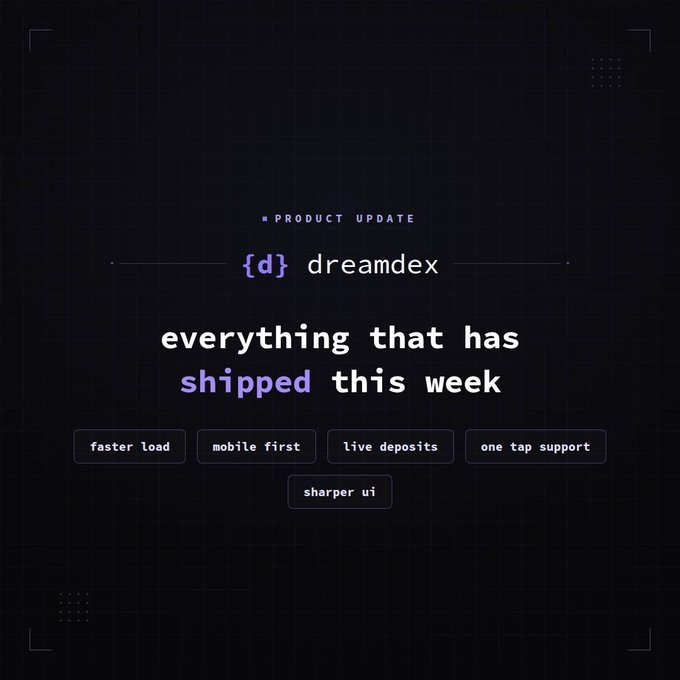 A dark-themed product update graphic for 'dreamex' highlights features shipped this week: faster load, mobile first, live deposits, one tap support, and sharper UI.
