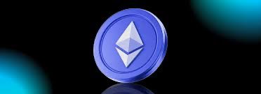 A 3D rendering of a blue Ethereum (ETH) coin displayed against a black background with soft cyan lighting.