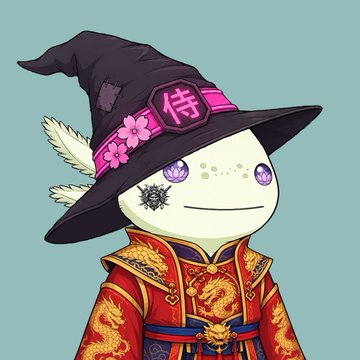 An anime-style illustration of a pale, axolotl-like character with purple eyes and freckles, wearing an ornate red and gold traditional outfit and a black wizard hat featuring a patch with the character '侍' (samurai).