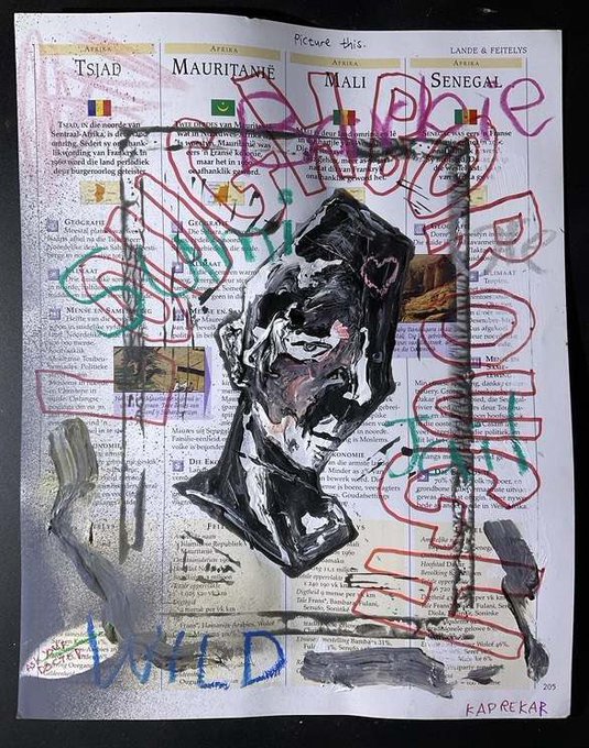 The image features a painting of a person's face, which appears to be a portrait or a sculpture. The artwork has been altered with graffiti elements, giving it an urban feel. The artist has used red and green colors for the background, while the main subject is depicted in black and white. The text "Gm! Just bought back 5HA5OW5 #151" can also be seen on the painting.