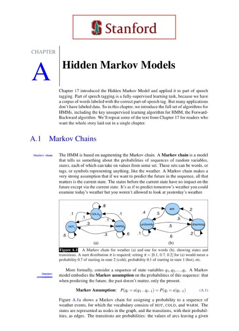 A textbook page from Stanford about Hidden Markov Models, including an introduction to Markov chains with diagrams and equations.