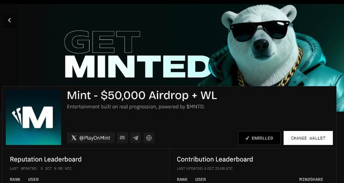 A promotional webpage for 'Mint - $50,000 Airdrop + WL' featuring a bear wearing sunglasses and a gold chain, with the tagline 'Entertainment built on real progression, powered by $MNTD' and options to enroll or change wallet.