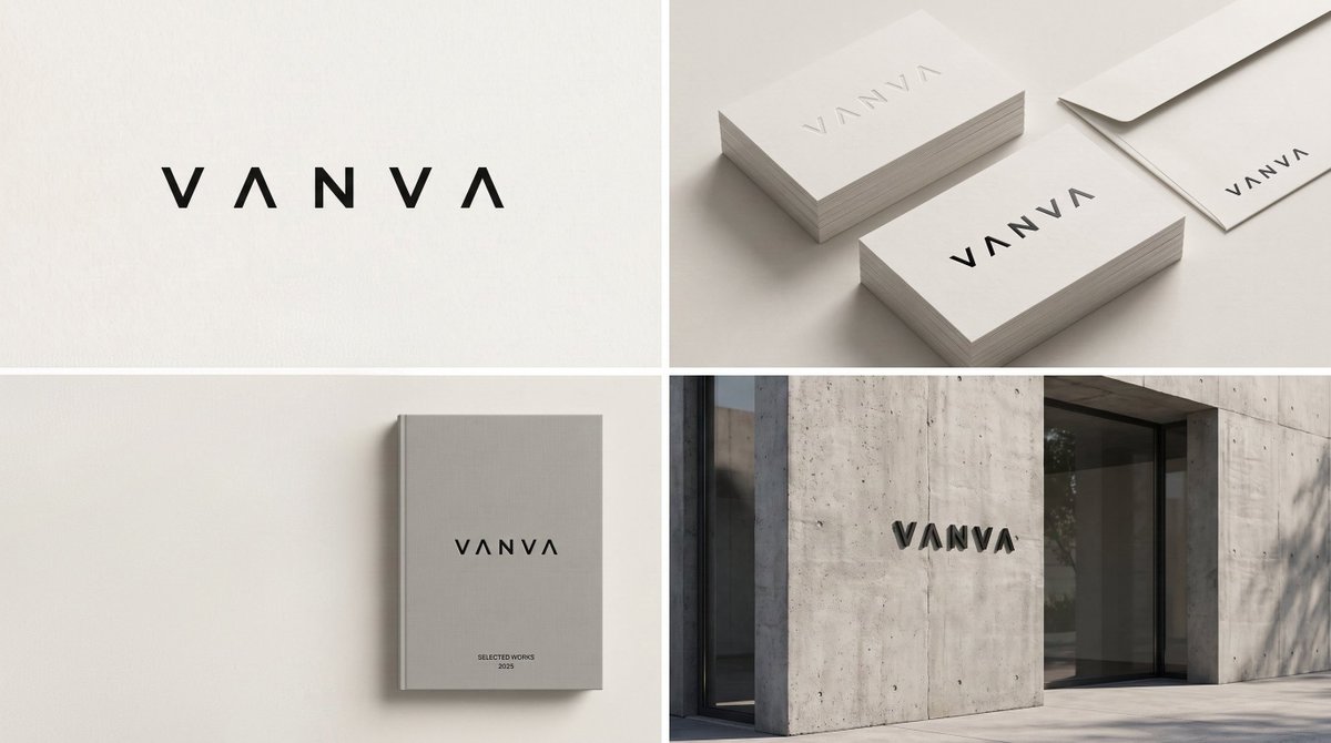 A four-panel brand identity mockup for 'VANVA' showing a black minimalist logo on a white background, applied to business cards, an envelope, a grey book titled 'SELECTED WORKS 2025', and a concrete wall sign.