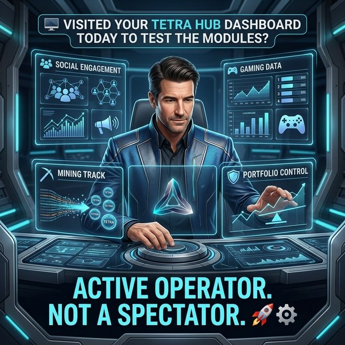 Promotional graphic titled 'TETRA HUB DASHBOARD' showing a man operating futuristic screens with 'SOCIAL ENGAGEMENT', 'GAMING DATA', 'MINING TRACK', and 'PORTFOLIO CONTROL' panels, captioned 'ACTIVE OPERATOR. NOT A SPECTATOR.'