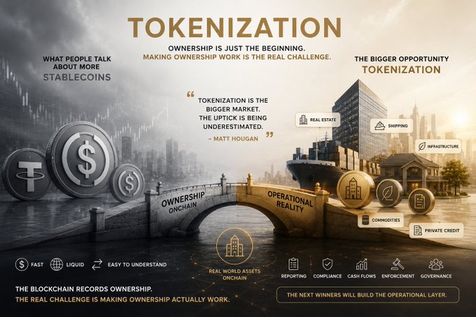 An infographic titled 'TOKENIZATION' discussing ownership, stablecoins, and real-world assets, featuring a quote by Matt Hougan.
