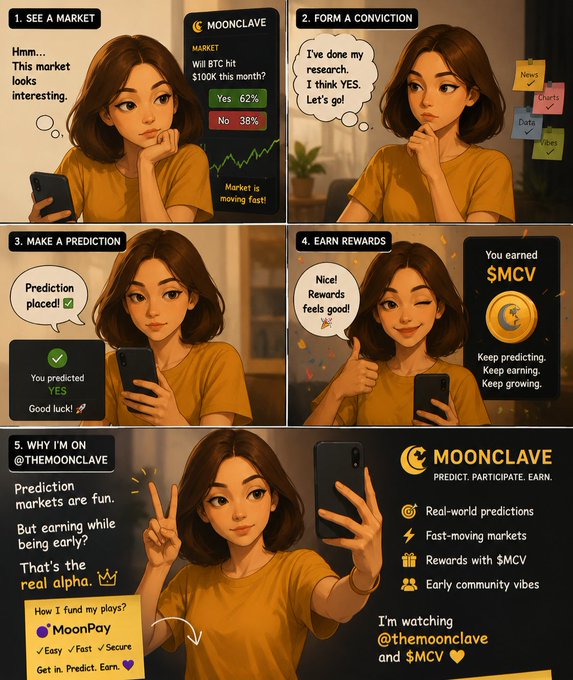 A promotional comic-style graphic for 'MOONCLAVE' prediction markets, walking through steps 1-5 (See a market, Form a conviction, Make a prediction, Earn rewards, Why I'm on @THEMoonclave) featuring an illustrated woman and statistics about $MCV rewards, with the MoonPay logo featured.