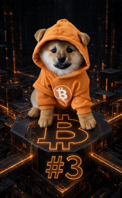 A Shiba Inu puppy wearing an orange Bitcoin-branded hoodie sitting atop a glowing orange platform marked with a Bitcoin symbol and '#3', set against a futuristic dark background.