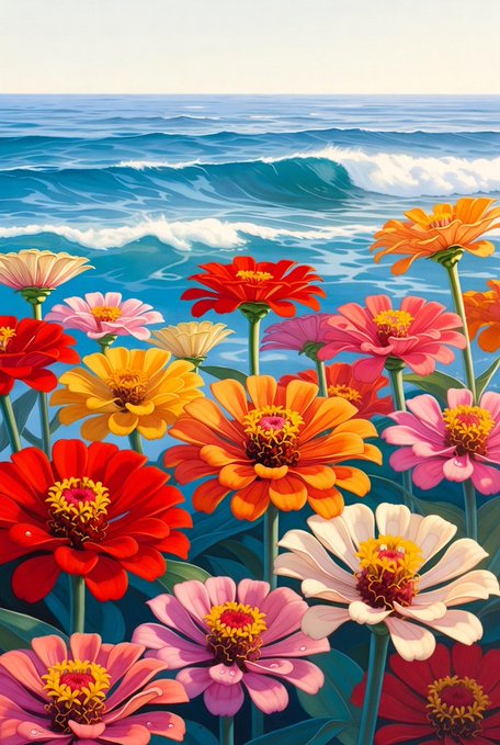 A vibrant illustration of colorful zinnia-like flowers in the foreground with rolling ocean waves and a clear sky in the background.