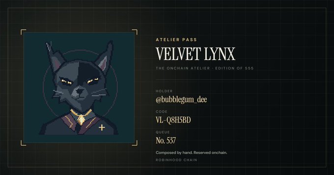 A digital NFT certificate titled 'ATELIER PASS' features an illustrated black cat character with a purple collar and cross earring. The holder is '@bubblegum_dee' with code 'VL-Q8HSBD', queue No. 537, edition 556.