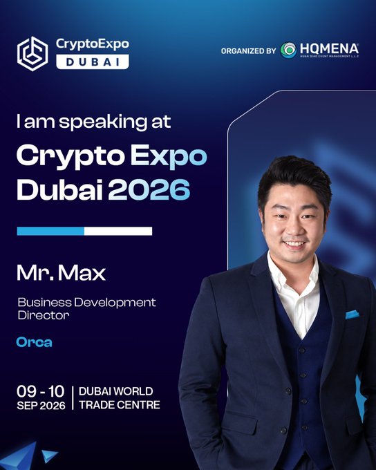 Promotional graphic announcing Mr. Max, Business Development Director at Orca, as a speaker at Crypto Expo Dubai 2026, held September 9-10 at Dubai World Trade Centre and organized by HQMENA.