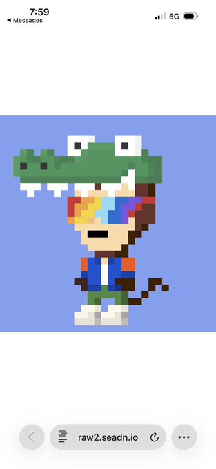 An iPhone screenshot displays a pixel art character wearing a colorful helmet and a crocodile hat on a blue background, shared from the website 'raw2.seadn.io'.