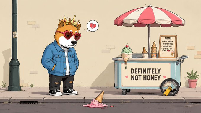 The image features a cartoon dog wearing sunglasses and a blue jacket, standing next to an ice cream cart with melted ice cream dripping from it. The dog appears to be sad or disappointed as if it has been let down by the ice cream vendor. Below the scene, there is text that reads "Definitely Not Honey". This suggests that the image might be related to a social media post about a recent disappointment or negative experience involving ice cream.