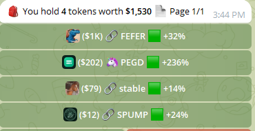 A mobile game screen showing a wallet holding 4 tokens worth $1,530, with tokens listed as FEFER +32% ($1K), PEGD +236% ($202), stable +14% ($79), and $PUMP +24% ($12).
