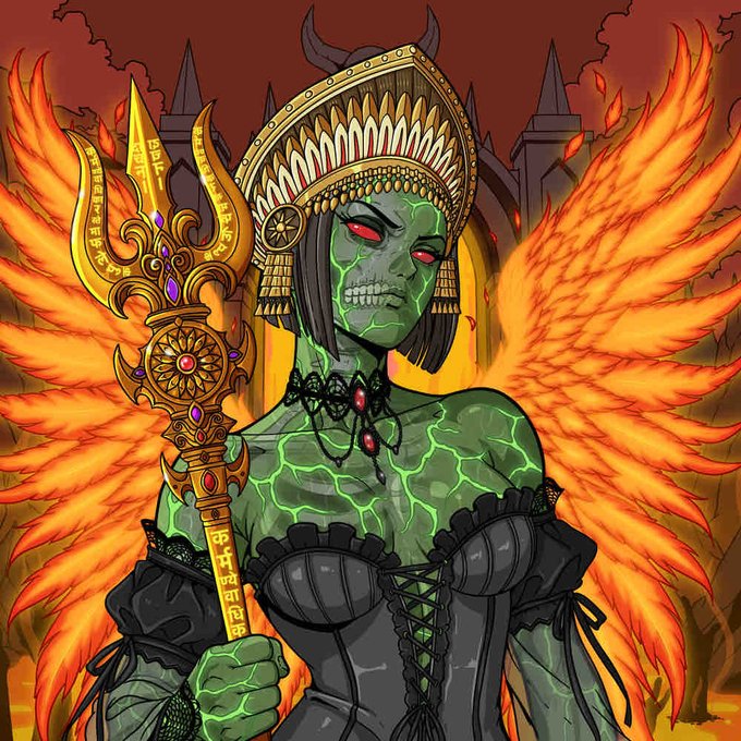 A vibrant illustration of a green-skinned demonic figure with red eyes and black horns, wearing an ornate golden crown and black gothic clothing, holding a jeweled staff with fiery wings in the background.
