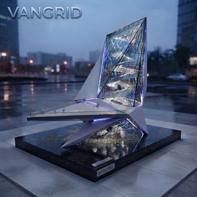 A futuristic architectural concept rendering labeled 'VANGRID', showing a sleek, angular metallic and glass structure with illuminated lines situated in an urban plaza at dusk.