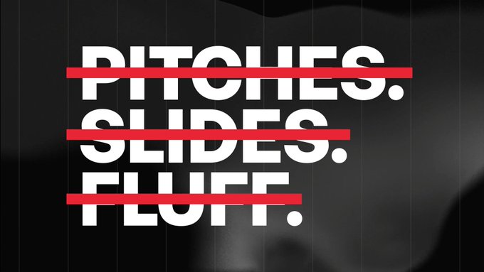 Bold white text reading "PITCHES. SLIDES. FLUFF." is crossed out with red strikethrough lines against a dark background, visually reinforcing the post's rejection of standard presentation formats in favor of live demos at the Avalanche Summit.