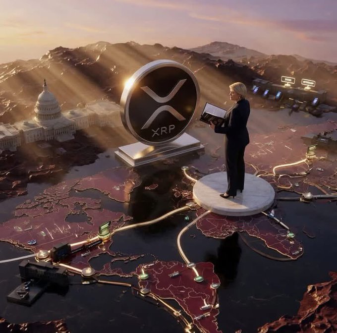 A digital illustration showing a businesswoman standing on a world map with a giant XRP coin next to her, with the U.S. Capitol in the background.