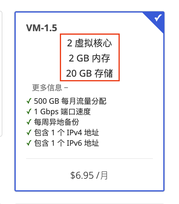 A pricing card for a "VM-1.5" VPS plan is displayed, showing 2 vCPUs, 2 GB RAM, and 20 GB storage (highlighted in a red box), with additional features like 500 GB monthly traffic, 1 Gbps port speed, weekly offsite backups, and both IPv4 and IPv6 addresses, all for $6.95/month. The image directly illustrates the main operating cost mentioned in the post—a VPS server costing nearly 7 USD per month required to run OKX.AI 24/7.