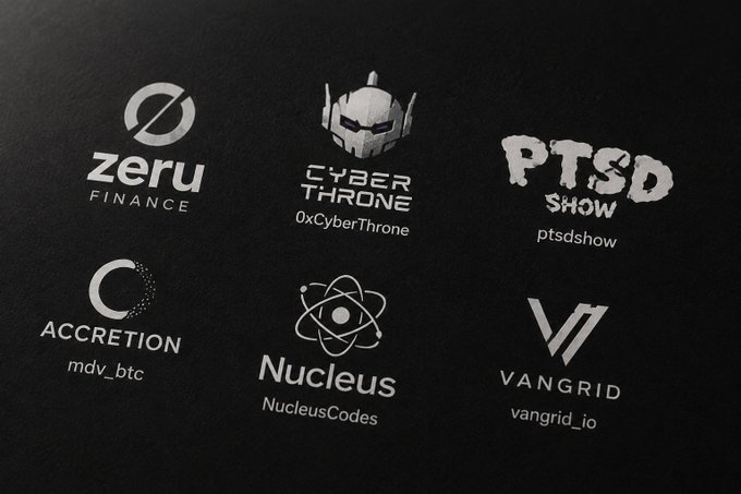 A black background displaying six logos: Zeru Finance, Cyber Throne (0xCyberThrone), PTSD Show (ptsdshow), Accretion (mdv_btc), Nucleus (NucleusCodes), and VanGrid (vangrid_io).