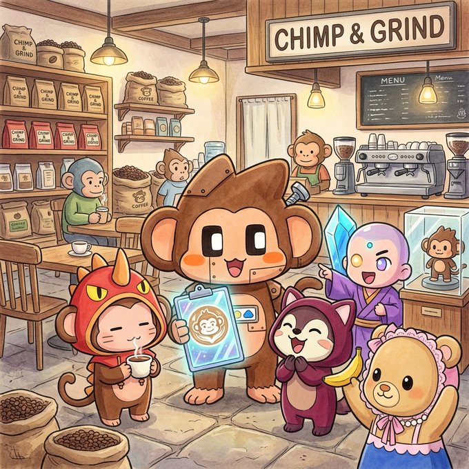 A colorful illustration of various chibi monkey characters in a coffee shop setting called 'CHIMP & GRIND', featuring characters in costumes including a robot, a devil, and a maid.
