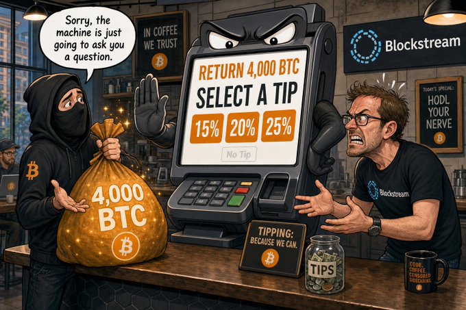 A hooded hacker labeled "Blockstream" attempts to return 4,000 BTC at a tipping point-of-sale terminal that demands 15%, 20%, or 25% tips, with a nearby sign declaring "IN COFFEE WE TRUST" and "HODL YOUR NERVE" — perfectly illustrating the satirical scene of the hacker being guilt-tripped into leaving a tip on the returned loot.