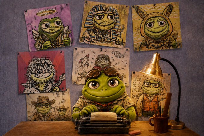 A charming illustration of a green frog wearing aviator goggles and typing on a typewriter, surrounded by whimsical self-portrait sketches pinned to the wall.