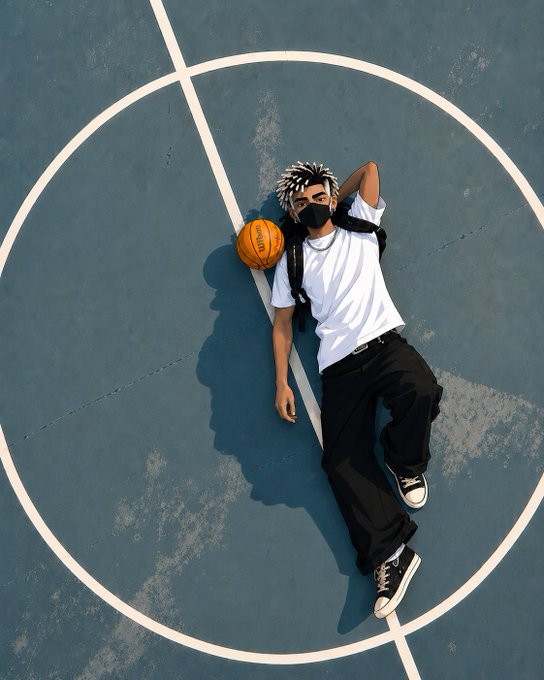 An overhead view of a person wearing a white shirt, black pants, a face mask, and a beanie lying on a basketball court with an orange basketball.