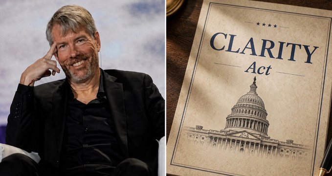 The image shows Michael Saylor smiling and resting his hand against his temple on the left, alongside a graphic of the "CLARITY Act" document featuring an illustration of the U.S. Capitol building on the right. The visual directly illustrates the accompanying news that Saylor has called on the U.S. Senate to pass the CLARITY Act to establish regulatory clarity for digital assets.