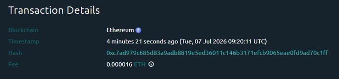 A blockchain transaction details page for Ethereum showing a transaction hash starting with 0xc7ad979c685d83a9adb8819e5ed36011c146b3171efcb9065eae0fd9ad70c1ff, timestamped Tue, 07 Jul 2026 09:20:11 UTC with a fee of 0.000016 ETH.