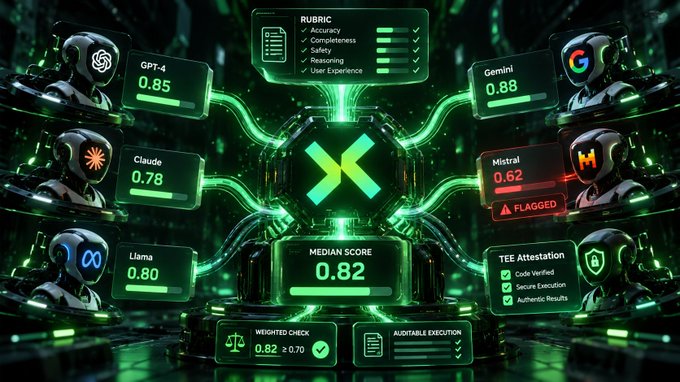 A futuristic dashboard graphic showing AI model scores (GPT-4: 0.85, Claude: 0.78, Llama: 0.80, Gemini: 0.88, Mistral: 0.62 FLAGGED) with a central 'X' logo and a median score of 0.82.