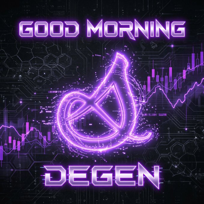 A neon purple 'GOOD MORNING DEGEN' graphic with a glowing abstract logo and stock chart lines on a dark circuit-board background.