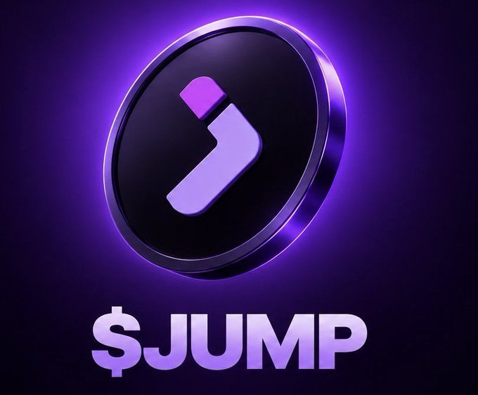 A 3D-rendered logo for '$JUMP' featuring a stylized letter 'j' inside a glossy dark purple coin with metallic edges, set against a deep purple gradient background.