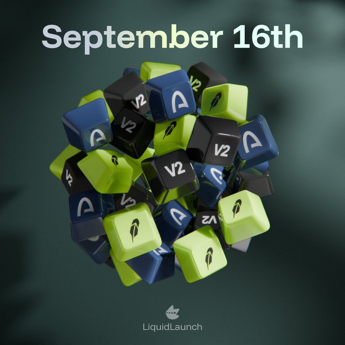 A promotional 3D graphic for 'LiquidLaunch' featuring a cluster of green and black cubes labeled 'V2' with the date 'September 16th' displayed at the top.