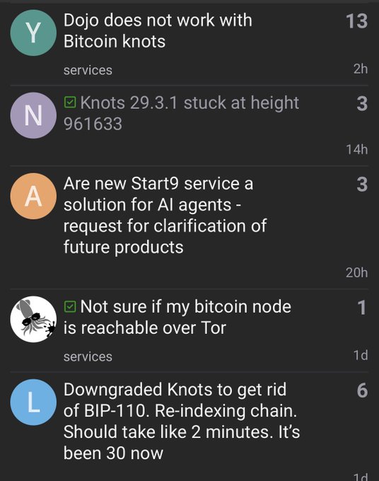 A screenshot of a forum thread listing several technical posts including 'Dojo does not work with Bitcoin knots', 'Knots 29.3.1 stuck at height 961633', and 'Downgraded Knots to get rid of BIP-110'.