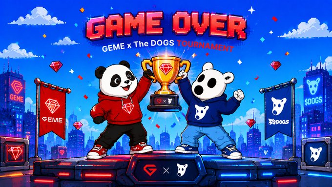 A vibrant promotional banner for "GAME OVER: GEME x The 5DOGS TOURNAMENT" featuring a panda in red and a white dog character holding a trophy between them.