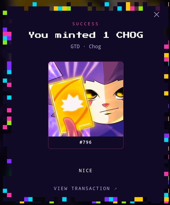 A screenshot of a successful NFT minting transaction for '1 CHOG' (#796) featuring a cartoon character holding a golden card.