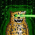 A cartoonish spotted cat-like creature with a wide, eerie green grin set against a green digital/matrix-style background with numbers.