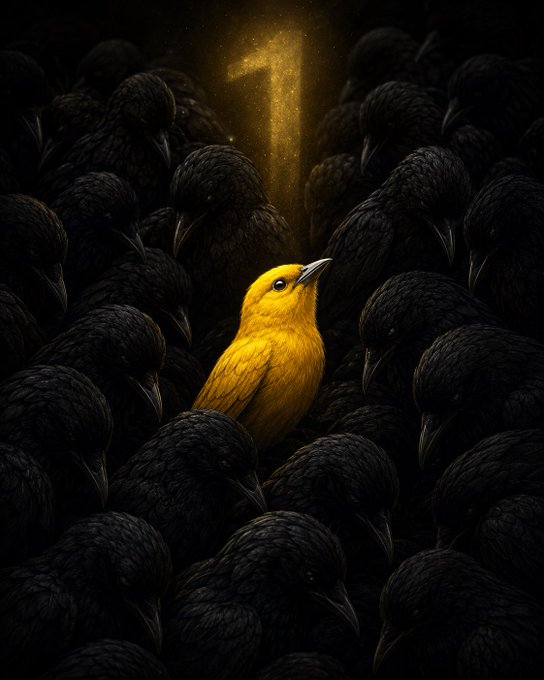 An artistic image of a single yellow bird looking upward toward a glowing number '1', surrounded by a crowd of black birds in darkness.